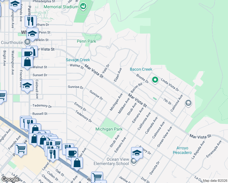 map of restaurants, bars, coffee shops, grocery stores, and more near 14120 Wyant Lane in Whittier