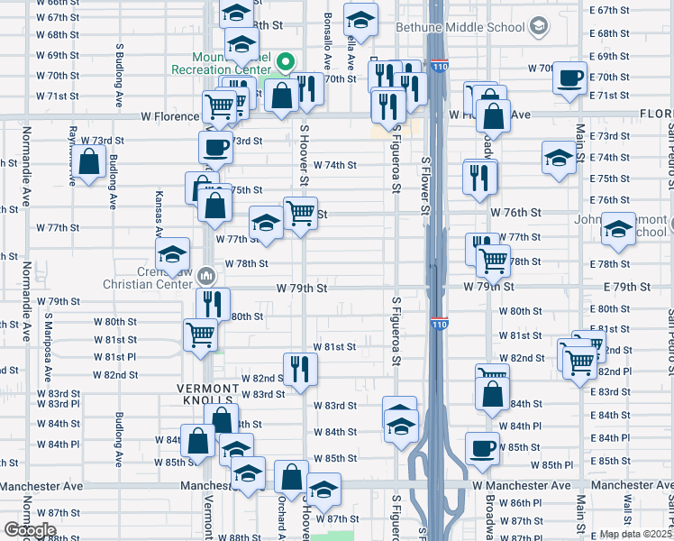 map of restaurants, bars, coffee shops, grocery stores, and more near 700 West 78th Street in Los Angeles
