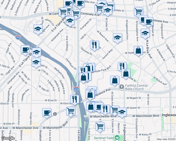 map of restaurants, bars, coffee shops, grocery stores, and more near 805 Industrial Avenue in Inglewood