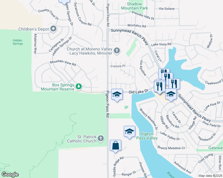 map of restaurants, bars, coffee shops, grocery stores, and more near 10546 Sparrow Court in Moreno Valley