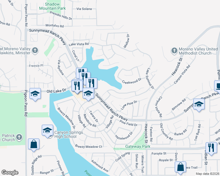 map of restaurants, bars, coffee shops, grocery stores, and more near 23702 Cedar Creek Terrace in Moreno Valley