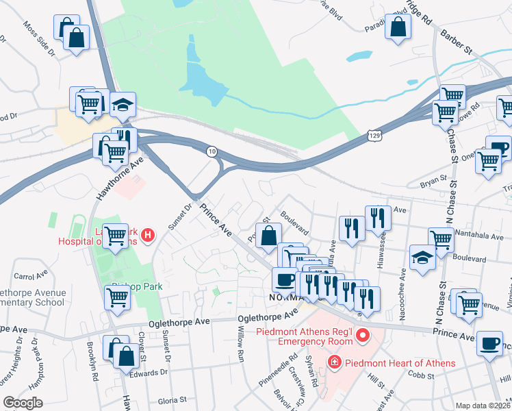 map of restaurants, bars, coffee shops, grocery stores, and more near 148 Sylvia Circle in Athens