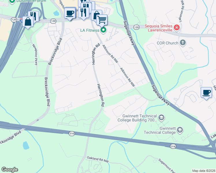 map of restaurants, bars, coffee shops, grocery stores, and more near 1652 Atkinson Park Circle Northwest in Lawrenceville
