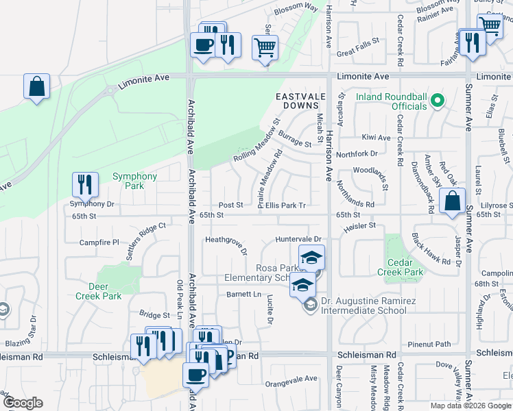 map of restaurants, bars, coffee shops, grocery stores, and more near 6543 Lost Fort Place in Corona