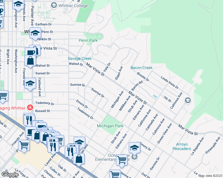 map of restaurants, bars, coffee shops, grocery stores, and more near 14081 Sunset Drive in Whittier