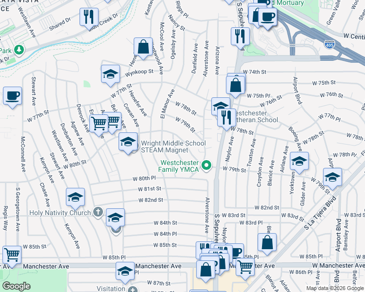 map of restaurants, bars, coffee shops, grocery stores, and more near 6372 West 80th Street in Los Angeles