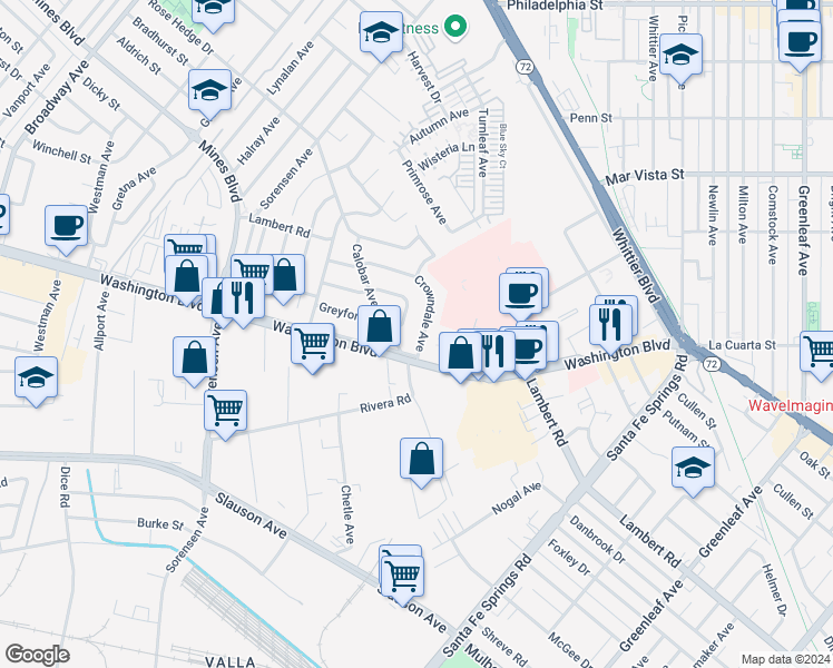 map of restaurants, bars, coffee shops, grocery stores, and more near 7951 Crowndale Avenue in Whittier