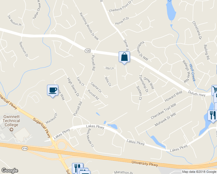 map of restaurants, bars, coffee shops, grocery stores, and more near 1490 Rilla Cir in Lawrenceville