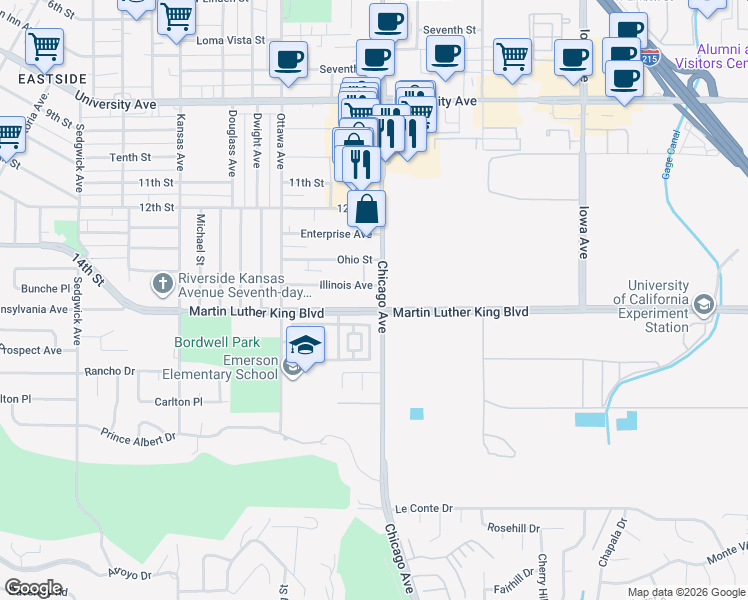 map of restaurants, bars, coffee shops, grocery stores, and more near 1744 Illinois Avenue in Riverside