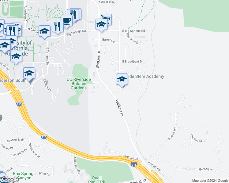 map of restaurants, bars, coffee shops, grocery stores, and more near 4450 Watkins Drive in Riverside