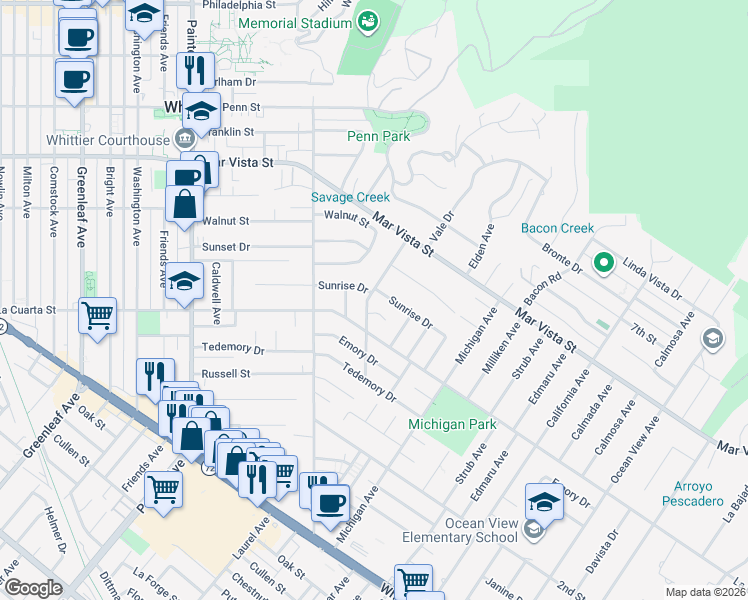 map of restaurants, bars, coffee shops, grocery stores, and more near 7932 Euclid Avenue in Whittier