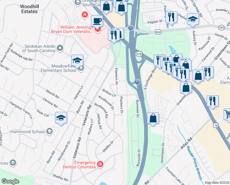 map of restaurants, bars, coffee shops, grocery stores, and more near 422 Cami Forest Lane in Columbia