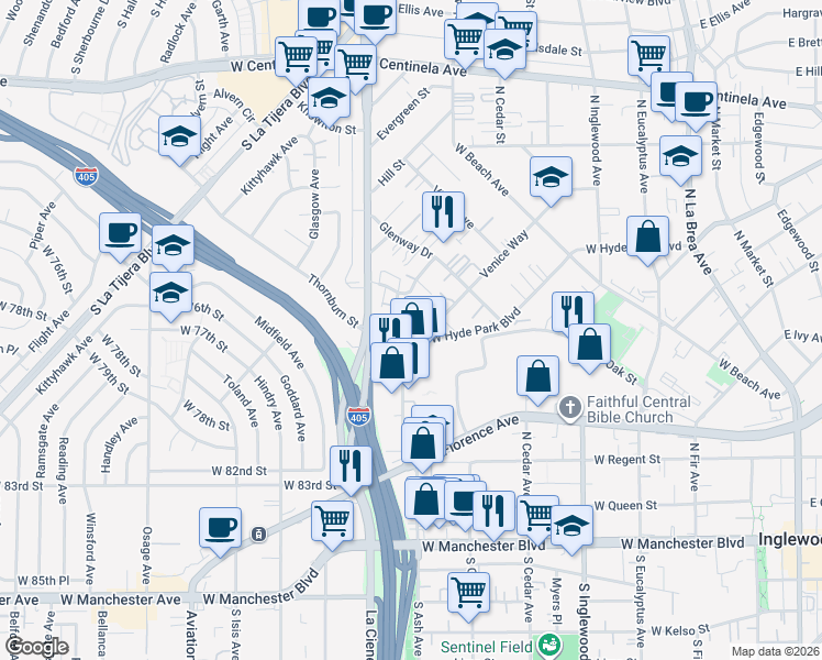 map of restaurants, bars, coffee shops, grocery stores, and more near 741 Venice Way in Inglewood