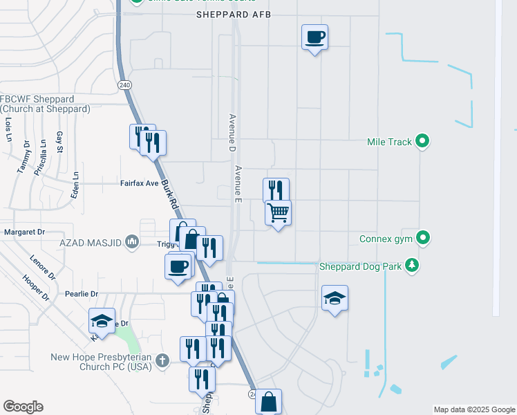 map of restaurants, bars, coffee shops, grocery stores, and more near 1810 J Ave in Sheppard Air Force Base