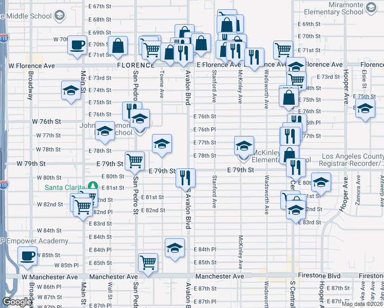 map of restaurants, bars, coffee shops, grocery stores, and more near 7722 Avalon Boulevard in Los Angeles