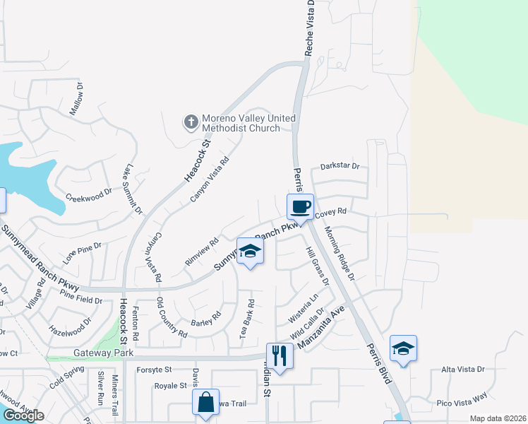 map of restaurants, bars, coffee shops, grocery stores, and more near 10479 Sagecrest Drive in Moreno Valley