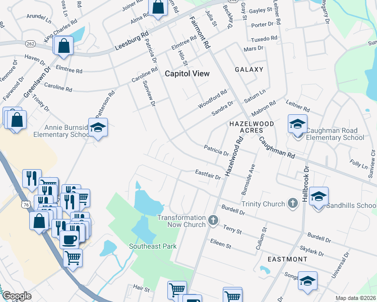 map of restaurants, bars, coffee shops, grocery stores, and more near 7419 Patricia Drive in Columbia