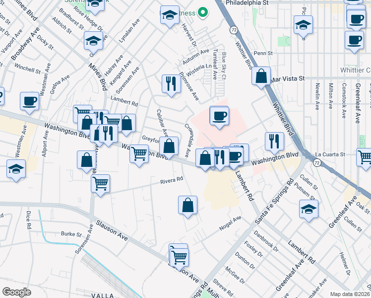 map of restaurants, bars, coffee shops, grocery stores, and more near 7951 Crowndale Avenue in Whittier