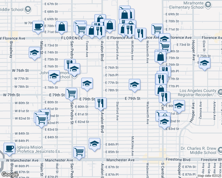 map of restaurants, bars, coffee shops, grocery stores, and more near 612 East 77th Street in Los Angeles