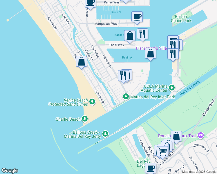 map of restaurants, bars, coffee shops, grocery stores, and more near in Marina del Rey