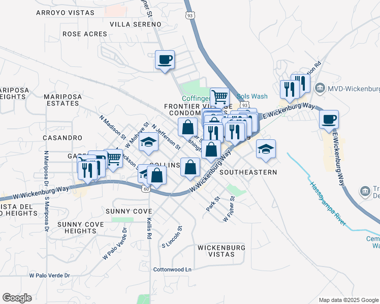 map of restaurants, bars, coffee shops, grocery stores, and more near 91 West Yavapai Street in Wickenburg
