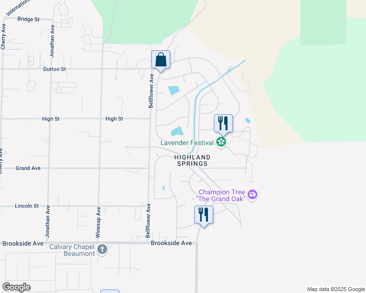 map of restaurants, bars, coffee shops, grocery stores, and more near 10596 Frontier Trail in Cherry Valley
