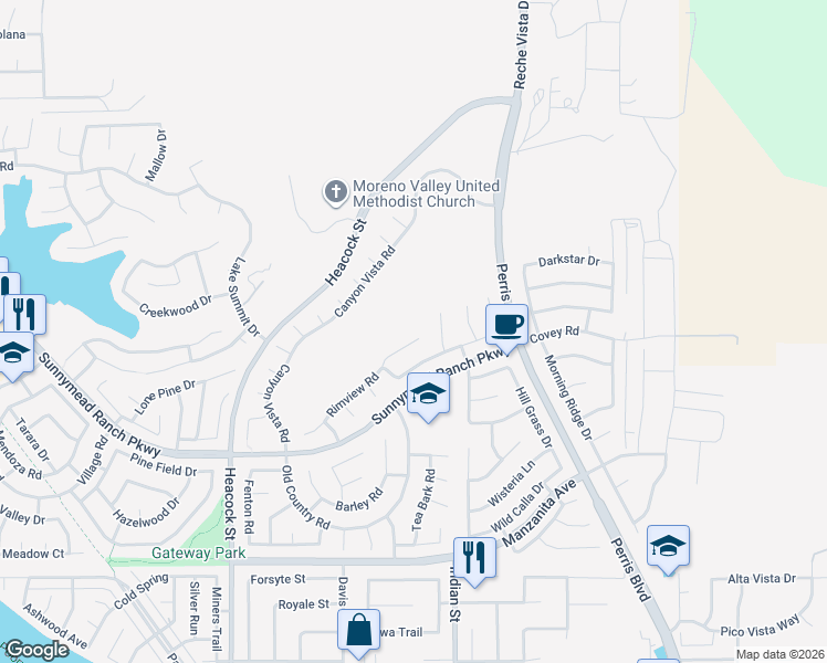 map of restaurants, bars, coffee shops, grocery stores, and more near 24434 Rimview Rd in Moreno Valley