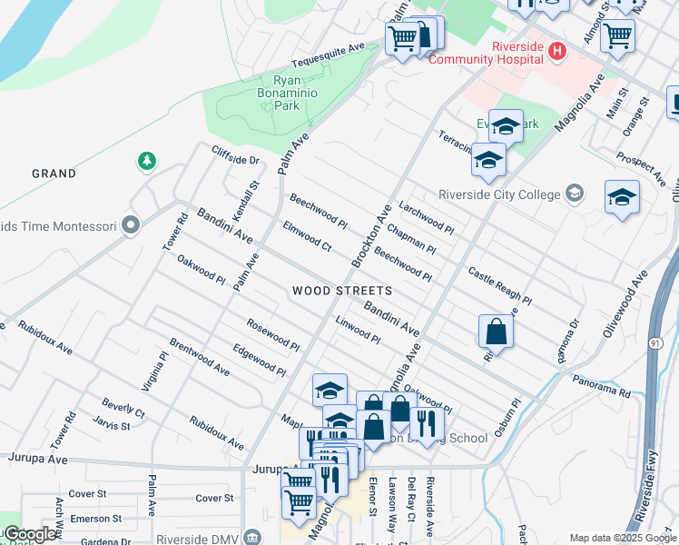 map of restaurants, bars, coffee shops, grocery stores, and more near 5291 Brockton Avenue in Riverside