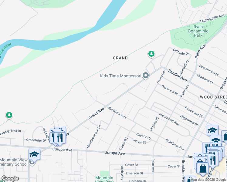 map of restaurants, bars, coffee shops, grocery stores, and more near 5687 Old Ranch Road in Riverside