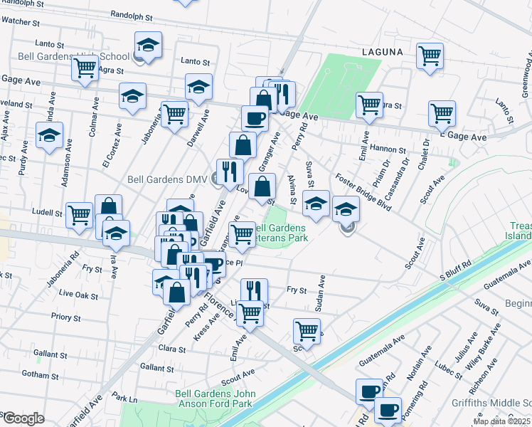 map of restaurants, bars, coffee shops, grocery stores, and more near 6918 Granger Avenue in Bell Gardens