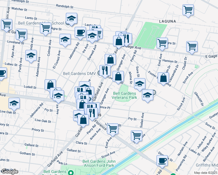 map of restaurants, bars, coffee shops, grocery stores, and more near 7000 Garfield Avenue in Bell