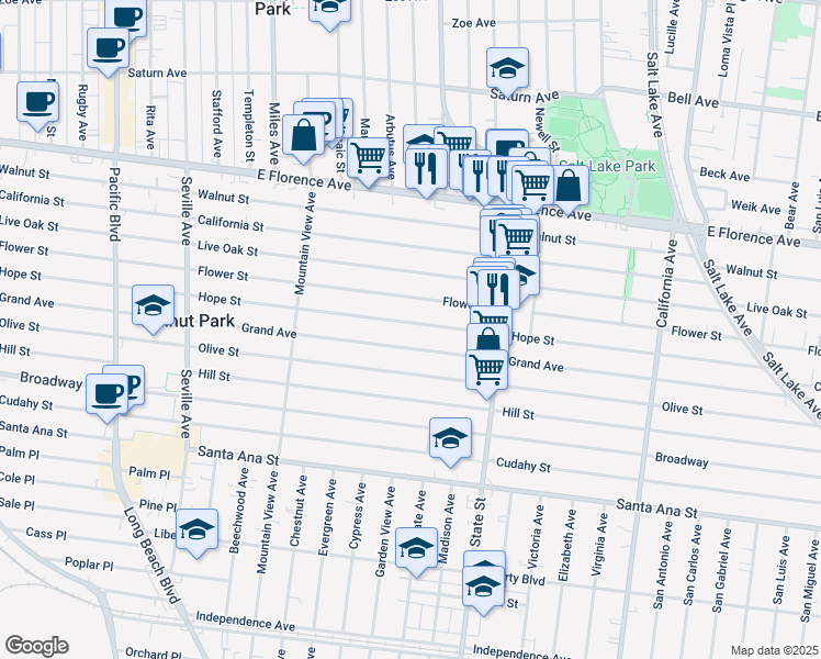map of restaurants, bars, coffee shops, grocery stores, and more near 3103 Hope Street in Huntington Park