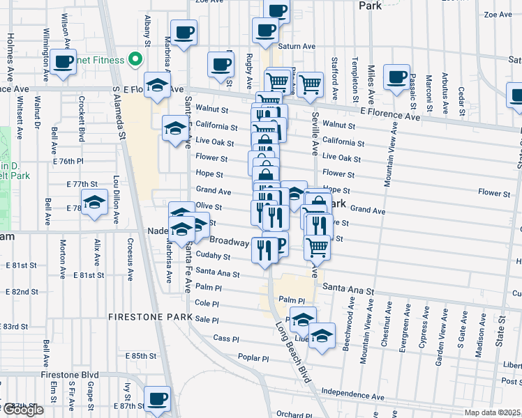map of restaurants, bars, coffee shops, grocery stores, and more near 7703 Pacific Boulevard in Huntington Park