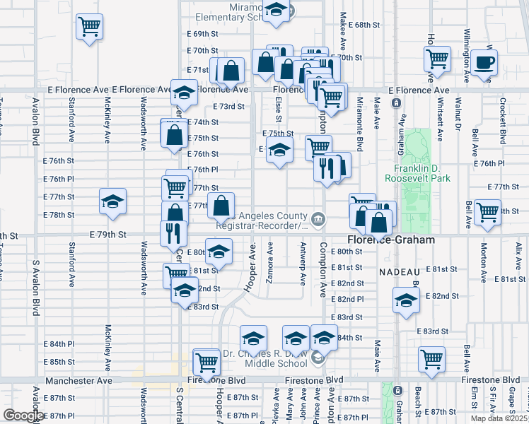map of restaurants, bars, coffee shops, grocery stores, and more near 1331 East 77th Place in Los Angeles