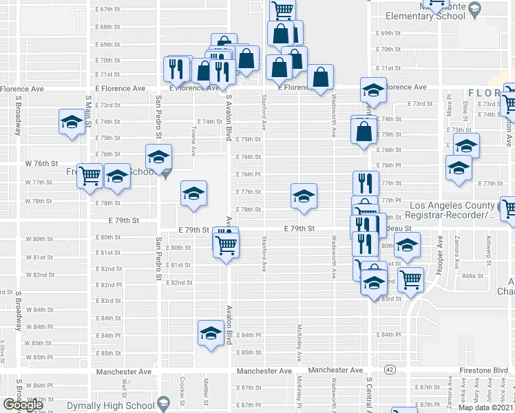 map of restaurants, bars, coffee shops, grocery stores, and more near 7711 Stanford Avenue in Los Angeles
