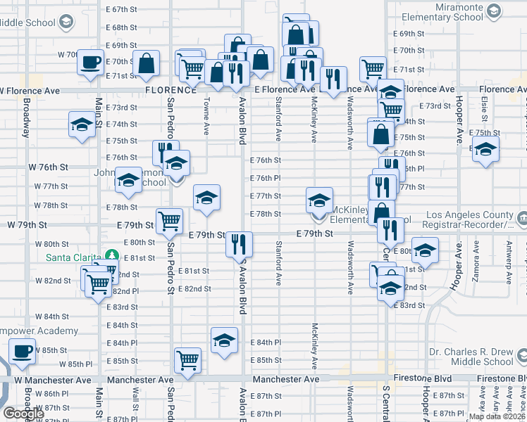 map of restaurants, bars, coffee shops, grocery stores, and more near 612 East 77th Street in Los Angeles