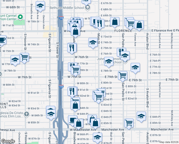 map of restaurants, bars, coffee shops, grocery stores, and more near 129 West 78th Street in Los Angeles