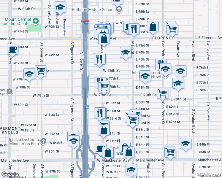 map of restaurants, bars, coffee shops, grocery stores, and more near 211 West 78th Street in Los Angeles
