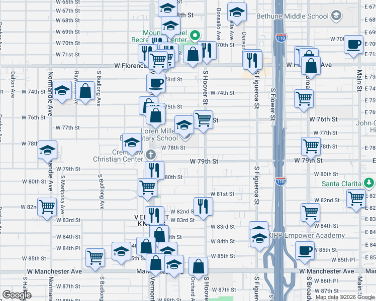 map of restaurants, bars, coffee shops, grocery stores, and more near 838 West 78th Street in Los Angeles