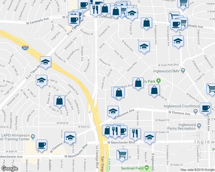 map of restaurants, bars, coffee shops, grocery stores, and more near 741 Venice Way in Inglewood