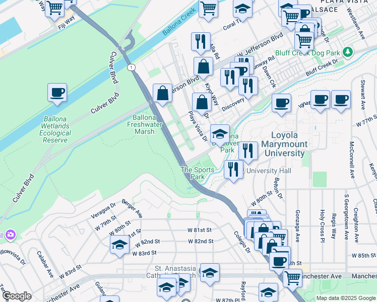 map of restaurants, bars, coffee shops, grocery stores, and more near 7101 Playa Vista Drive in Los Angeles