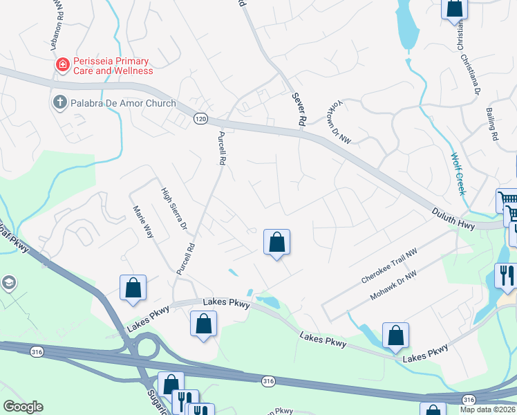 map of restaurants, bars, coffee shops, grocery stores, and more near 1490 Rilla Circle in Lawrenceville