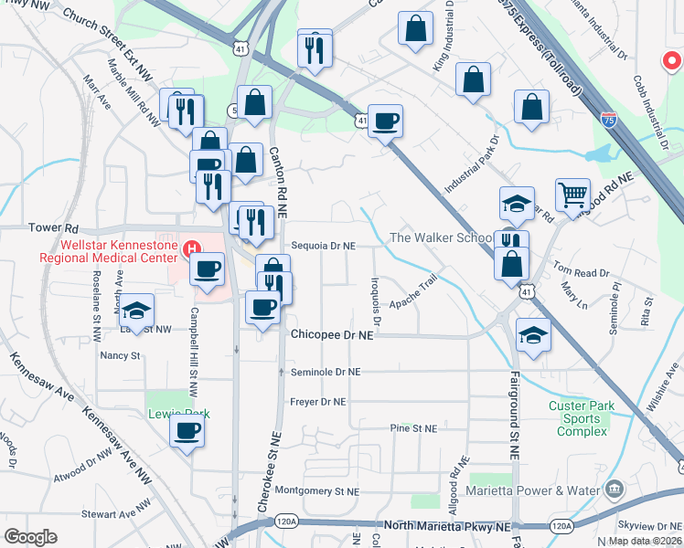 map of restaurants, bars, coffee shops, grocery stores, and more near 701 Meadowbrook Lane in Marietta
