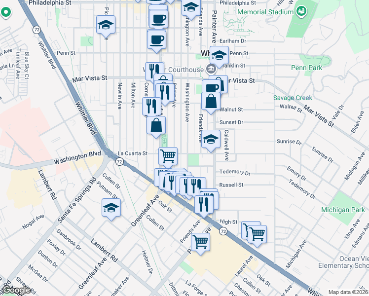 map of restaurants, bars, coffee shops, grocery stores, and more near 7951 Washington Avenue in Whittier