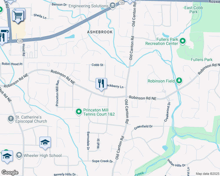 map of restaurants, bars, coffee shops, grocery stores, and more near 2984 Blackberry Lane in Marietta