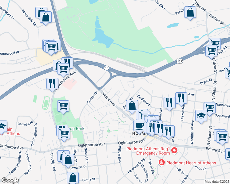 map of restaurants, bars, coffee shops, grocery stores, and more near 1688 Prince Avenue in Athens
