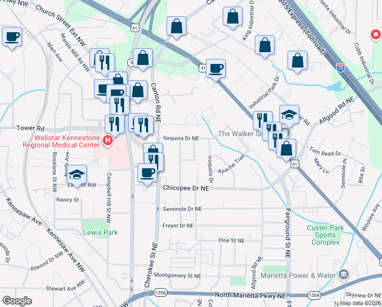 map of restaurants, bars, coffee shops, grocery stores, and more near 701 Meadowbrook Lane in Marietta