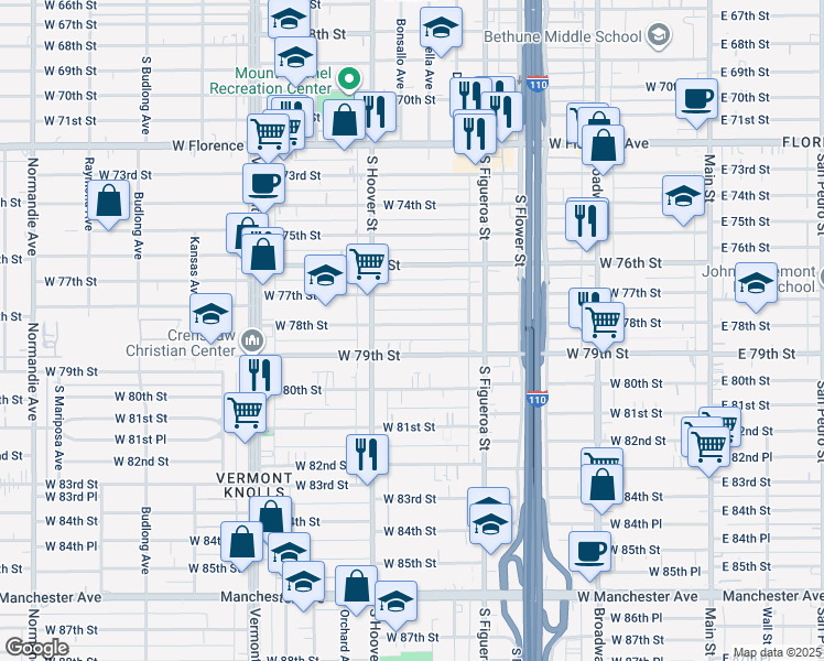 map of restaurants, bars, coffee shops, grocery stores, and more near 700 West 78th Street in Los Angeles