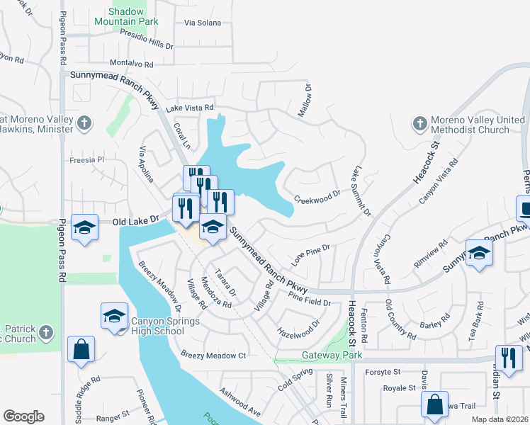 map of restaurants, bars, coffee shops, grocery stores, and more near 23702 Cedar Creek Terrace in Moreno Valley
