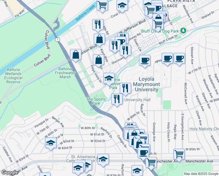 map of restaurants, bars, coffee shops, grocery stores, and more near 13150 Bluff Creek Drive in Los Angeles